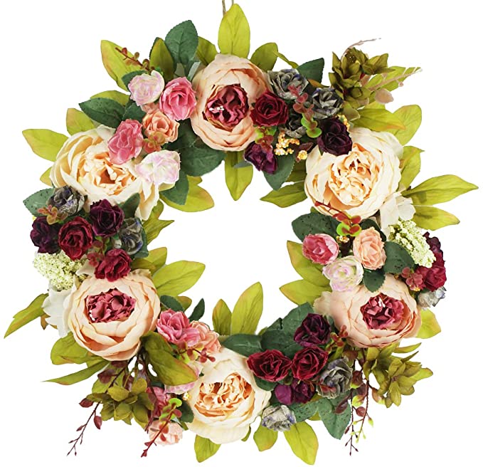 Delicaft Peony Flowers Silk Front Door artificial Wreath 16 Inch -Handcrafted on a Grapevine Wreath Base- Display in Spring, Easter, and Summer