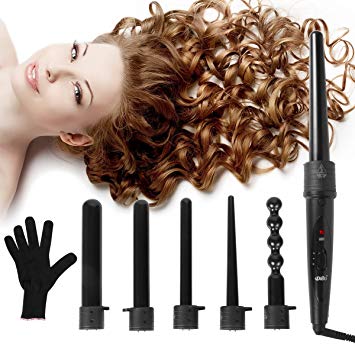 6 in 1 Hair Curling Wand and Curling Iron Set with 6 Interchangeable Ceramic Barrels and Heat Resistant Glove(Black)，0.35-1 1/4 Inch Hair Curler for Mother's Day Gifts By Duomishu