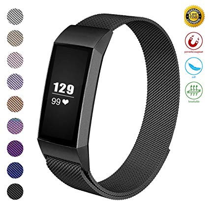 JOMOQ Metal Replacement Bands Compatible for Fitbit Charge 3 and Charge 3 SE Women Men Small Large, Stainless Steel Watch Accessory Wristband Magnetic Breathable Sport Bracelet Strap
