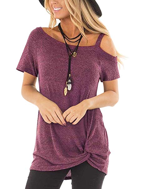 RRiody Women's Casual Cold Shoulder T-Shirt Short Sleeve Tunic Tops Front Knot Side Twist Blouses