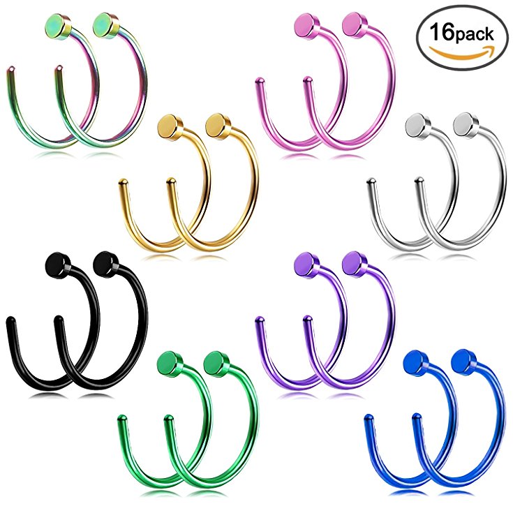 Nose Hoop Rings,18G 16pcs Stainless Steel Body Jewelry Piercing Nose Ring Hoop,Nose Studs Rings.
