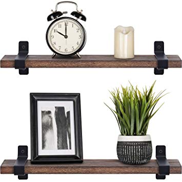 Mkono Rustic Wood Floating Shelves Industrial Wall Mounted Shelving 2 Set Wall Storage Shelves with Brackets for Bedroom, Living Room, Bathroom, Kitchen, Office