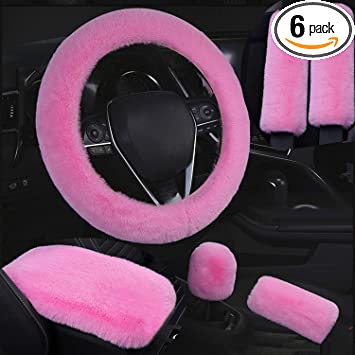 Dotesy 6 Pcs/Set Fluffy Faux Wool Car Steering Wheel Cover & Furry Seatbelt Shoulder Pads & Auto Center Console Armrest Pads & Gear Shift Knob Cover & Handbrake Cover Universal Warm Winter (Pink)