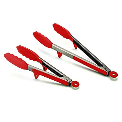 SimplexSilicone 2 Pack Premium Non-Stick Silicone Tongs Set with Elevated Stand - Stainless Steel with Silicone Serving Tongs - Heat Resistant Barbecue (BBQ) Tongs - Salad Tongs - Meat Tongs - 12" and 9" Tongs Set (Apple Red)