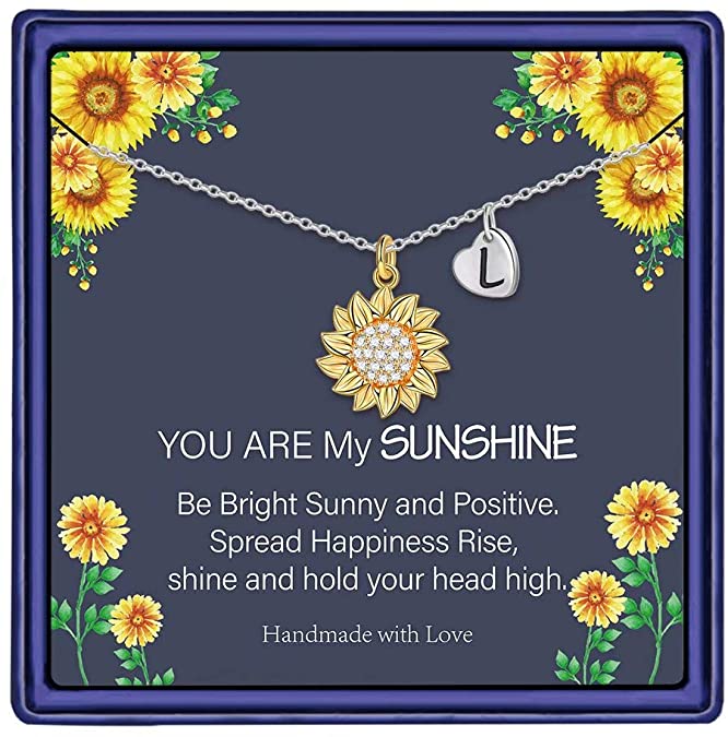 MONOOC Sunflower Necklace for Women Girls, 14k Gold Plated Initial Sunflower Pendant Necklace Jewelry Gifts Dainty You are My Sunshine Letter Initial Necklaces for Women