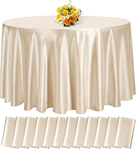 fani 12 Pack 120 Inch Champagne Satin Tablecloth - Premium Bright Silky Round Tablecloth Overlay Smooth Fabric Table Cover, Table Decoration for Wedding Party Banquet Events Restaurant Kitchen Dining