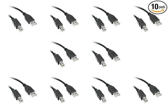 USB 2.0 Printer/Device Cable, Black, Type A Male to Type B Male, 6 foot - 10 Pack