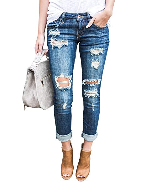 Ermonn Women Distressed Denim Jeans Skinny Stretch Roll up Ripped Blue Jeans Pants