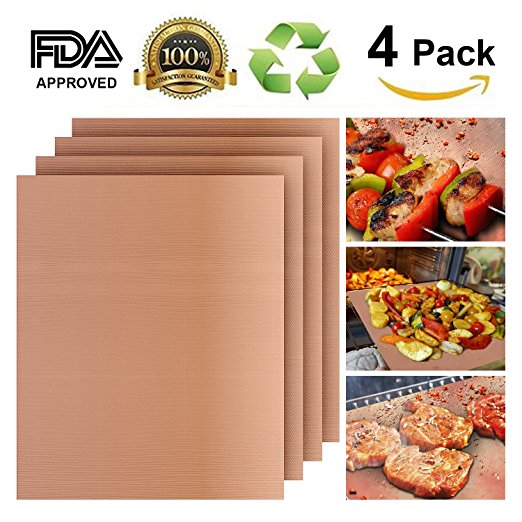 Grill Mat Set of 4, Heavy Duty 100% Non-stick BBQ Grill Mat, Durability reused and easy to clean, FDA-Approved, Healthy Barbecue with Works on Gas,Charcoal,Electric Grill and More Oven -16 x 13 Inch