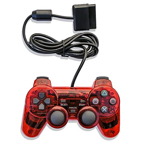 ElementDigital PS2 Controller Wired Game Gaming, Transparent Red Wired Game Pad Gamepad Console Joypad Controller Joysticks for PlayStation 2