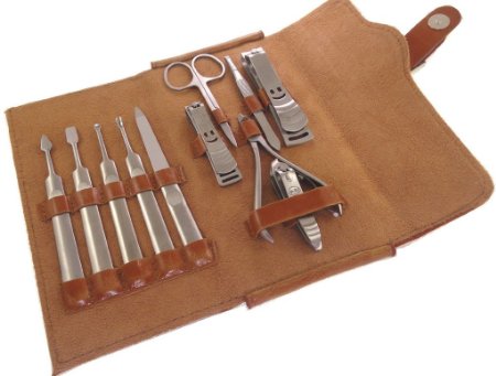 Goege 11pcs LuxuryDeluxe Genuine Brown Leather Nail Care Personal Manicure and Pedicure Set Manicure Travel and Grooming Set Kit Nail Clipper
