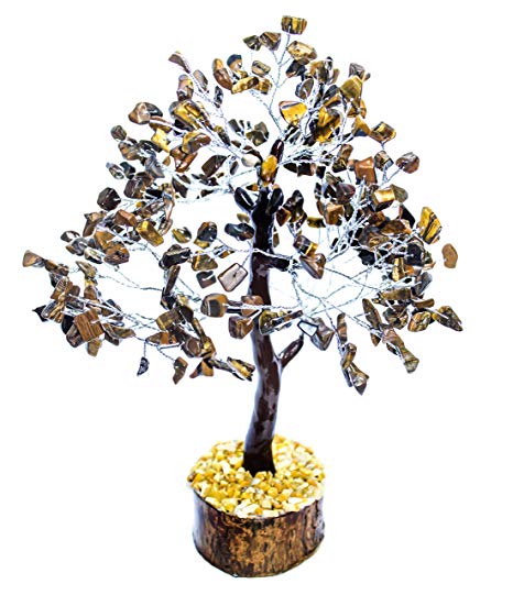 Crocon Natural Healing Gemstone Crystal Bonsai Fortune Money Tree for Good Luck, Wealth & Prosperity Spiritual Gift Size 10-12 Inch (Tiger Eye (Silver Wire))