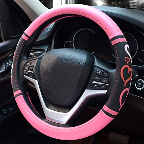 Didida Steering Wheel Covers for Women Men Couple New 3D Heart Embossing Love Cartoon Microfiber Leather Universal 15 Inch (Pink)