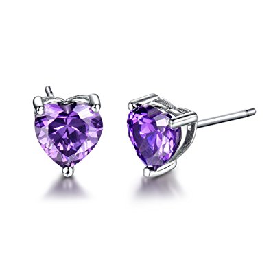 MASOP Amethyst Color 6MM Stud Earrings Heart Shape Purple Cubic Zirconia 925 Sterling Silver