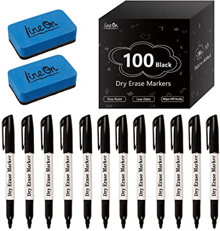 Dry Erase Markers, Lineon 100 Bluk Pack Black Whiteboard Markers with 2 Eraser, Fine Point Dry Erase Markers Perfect For Writing on Whiteboards, Dry-Erase Boards,Mirrors for School Office Home