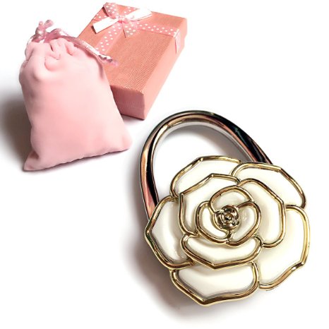 Elesa Miracle Purse Hook **6 Choices** Foldable Handbag Hanger, Folding Table Hanger, with Velvet Pouch in Gift Box (White Flower)