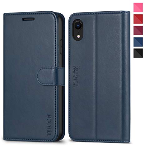 iPhone XR Case, TUCCH Leather Folio iPhone XR Wallet Case [RFID Card Slots] Magnetic Closure Kickstand Shocking Absorbing Protective Cover Compatible with iPhone XR (6.1" 2018) - Dark Blue