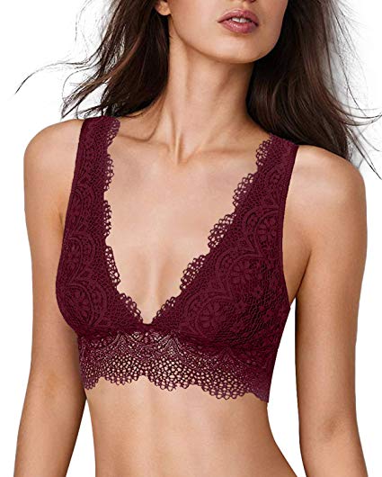 YIANNA Lace Bralette, Women's Deep V Neck Unpadded Lace Long Line Plunge Bralette Bra