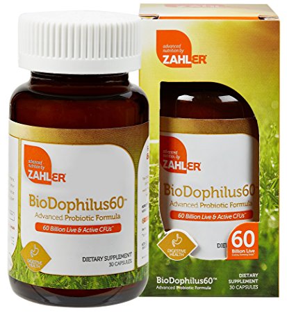 Zahler Biodophilus, #1 Best Top Quality All Natural Advanced Probiotic and Prebiotic Supplement, Promotes Digestive Health, 60 Billion Live Cultures and Intestinal Flora Per Serving, Optimal and Most Potent Acidophilus for Women and Men, Certified Kosher, 30 Capsules