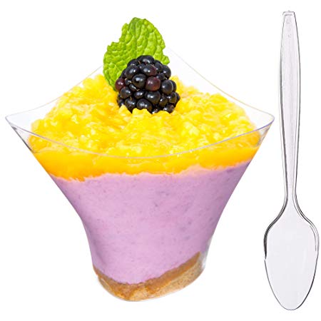 DLux 20 x 5 oz Mini Dessert Cups with Spoons, Large Swirl - Clear Plastic Parfait Appetizer Cup - Small Disposable Reusable Serving Bowl for Tasting Party Desserts Appetizers - With Recipe Ebook