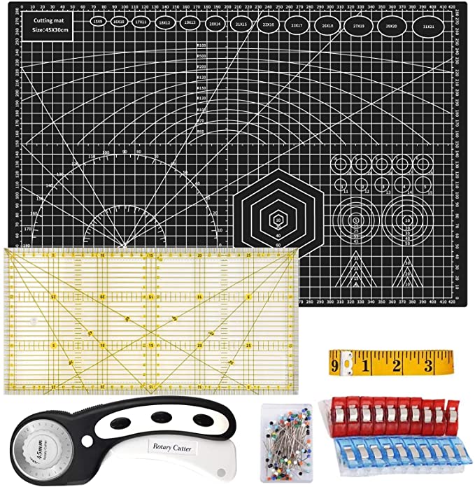 O'woda Cutting Kit,A3 Craft Mat   Rotary Cutter   Tape Measure   Quilting Ruler   Patchwork Clip (Set of 20)  Pins (50 Pieces), 6 Kinds Tailor Kit for Beginner Sewing,Leather,Fabric(Black)