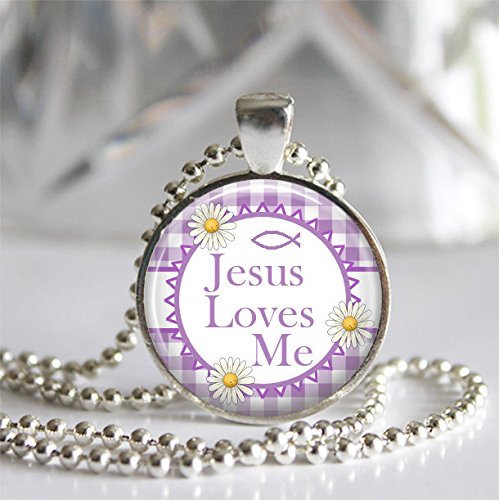 Jesus Loves Me Silver Bezel Glass Tile Pendant Necklace, Purple Gingham Christian