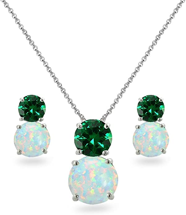 Sterling Silver Genuine, Simulated or Created Gem & Synthetic Opal Double Round Stud Earrings & Necklace Set