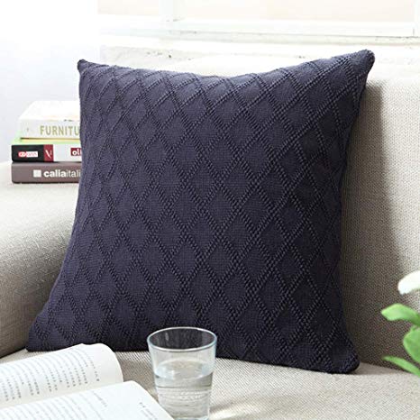 DOUH Cable Knitted Pillow Case Cushion Cover Decorative Knitting Patterns Square Warm Throw Pillow Cover with Zipper Concealed(Navy,18" x 18")