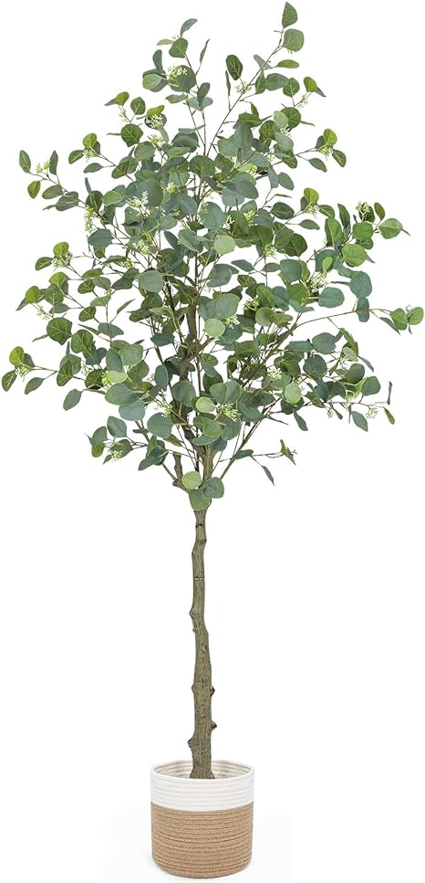 GROWNEER 6FT Atificial Eucalyptus Tree Fake Tree with Basket, Large Fake Eucalyptus Stems Plant Artificial Trees for Home Décor Indoor
