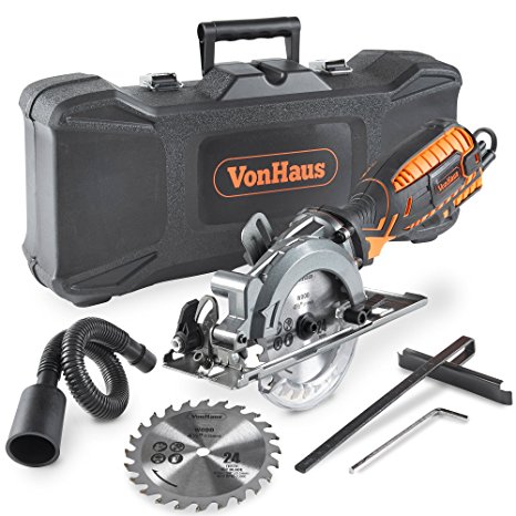 VonHaus 5.8 Amp Compact Circular Saw - 3,500 rpm with Dust Port   Sturdy Storage Case   Vacuum Hose   2 X 24T Tungsten Carbide Tipped Blade 4-1/2 in diameter. Arbour Size: 3/8in With Miter Function