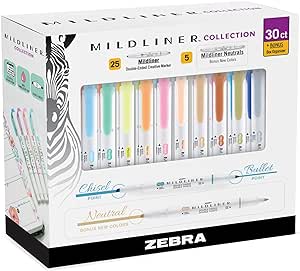 Zebra Pen Mildliner Highlighters, Double Ended Highlighter, Broad and Fine Tips, Pastel and Neutral Colors Midliner Pens, 30 Pack