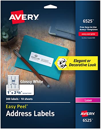 Avery Glossy White Address Labels for Laser Printers, 1" x 2-5/8", 300 Labels (6525)