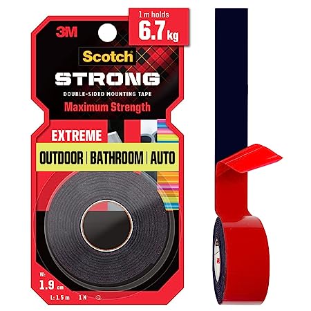 3M Scotch Extreme Double Sided Tape, 1m Holds 6.7kg, Works on Uneven Surfaces, Weather Resistant, Works on Indoor, Outdoor, auto Interior Surfaces
