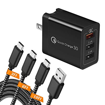 HI-CABLE Adaptive Fast Charger   USB Type C Cable (3FT 6FT 10FT),3-Port 30W Quick Charge 3.0 USB Wall Charger Adapter Fast Charging Kit Compatible with Samsung Galaxy Note 10/9/S10/S9/S8, LG (4 in 1)