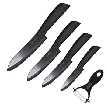 Jeslon Kitchen Knives Set, 5 Piece Ceramic Knives Black Blade 3inch Paring Knife, 4inch Fruit Knife, 5inch Utility Knife, 6inch Chef Knife and One Peeler