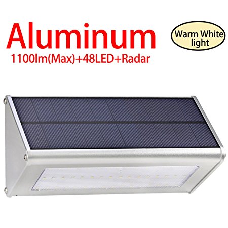 Licwshi 1100 Lumens Solar Light 48 LED 4500mAh Waterproof Outdoor Aluminum Alloy Housing, Radar Motion Sensor Light for Step, Garden, Yard, Deck -warm white light( 2017 new Version - 1 Pack)