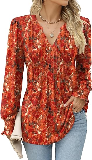LOMON Long Sleeve Blouses for Women Fall Smocked Tunic Tops Fashion V Neck Shirts Casual Loose Pleated T-Shirts
