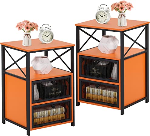 VECELO Modern Night Stand, End Side Table with Storage Space and Door, Nightstands with Flip Drawers for Living Room,Bedroom,Lounge,Set of 2, Orange Black