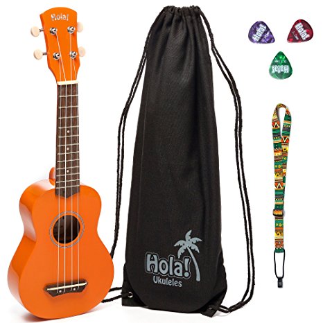 Hola! Music HM-21 Soprano Ukulele Bundle with Canvas Tote Bag, Strap and Picks, Color Series - Orange
