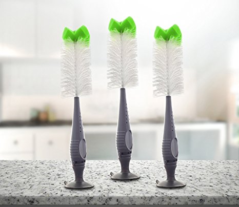 Bottle Brush With Soft Bristles - 3 PACK - 3 Premium Value Bottle Brushes - Sports/Beer/Water/Glass Bottle Brush - Includes Nipple Brush Feature
