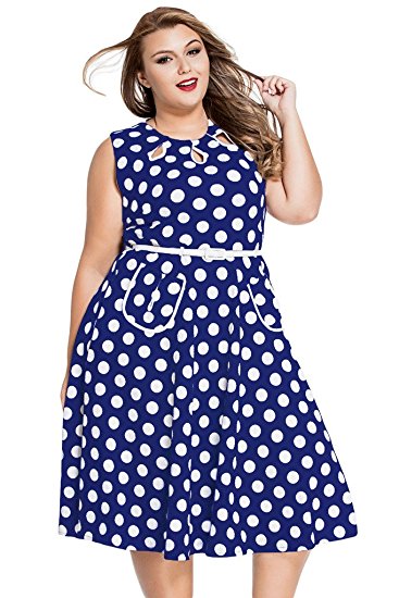 J&Design Women Polka Dot O Neck Sleeveless Boho 50s Vintage Dress Plus Size
