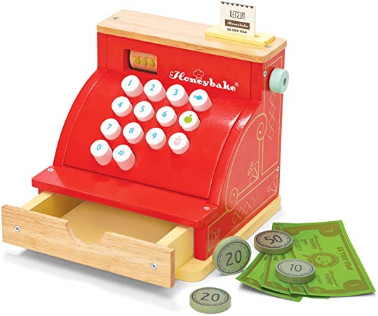 Le Toy Van - Wooden Honeybake Cash Register Role Play Toy With Receipt, Opening Till Drawer And Play Money | Perfect For Supermarket, Food Shop or Cafe Pretend Play