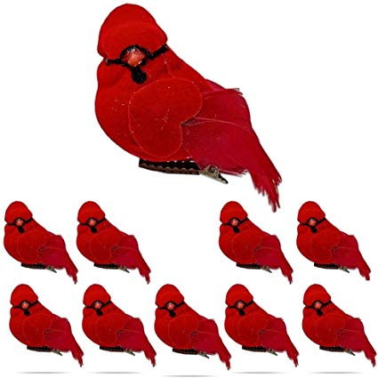 Red Cardinal Bird Decorations - Cardinal Clip On Christmas Tree Ornaments - Red Velvet & Feathers - Set of 10-1.8 Inch Clip-On Birds- Great for Wreaths Centerpieces Crafts DIY -Holiday Décor