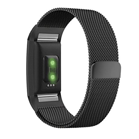 Fitbit Charge 2 Band, UMTELE Milanese Loop Stainless Steel Metal Bracelet Strap with Unique Magnet Lock, No Buckle Needed for Fitbit Charge 2 HR Fitness Tracker Silver Black Rose Gold Blue