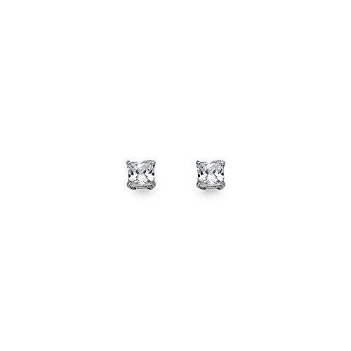 14k White Gold Princess Square Solitaire Basket Set Stud Earrings with Screw Back - 5 Different Size Available