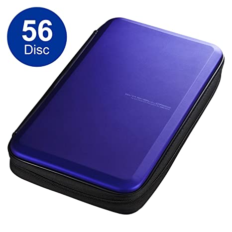 SANWA (Japan Brand) 56 Capacity CD Case, Portable DVD/VCD Storage, EVA Protective Blu-ray Wallet, Binder, Holder, Booklet for Car, Home, Office, Travel (Blue)