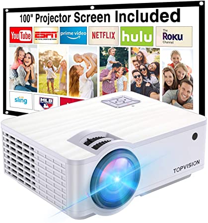 Projector,TOPVISION 6000L Mini projector with 100” Projector Screen, 1080*720P Supported 240" Outdoor projector,Built in HI-FI Speakers, Compatible with Fire Stick, HDMI, VGA, USB, TF, AV, PS4