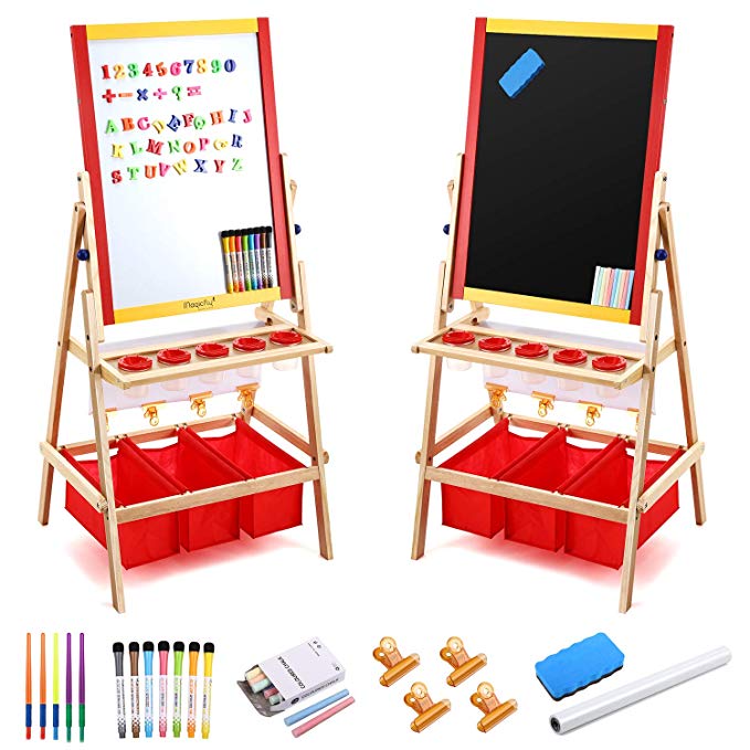 Magicfly Kids Art Easel with Paper Roll, Double Sided Toddler Childrens Easel Chalkboard and Magnetic Dry Erase Board for Kid Painting and Drawing, Multiple Art Accessories Included