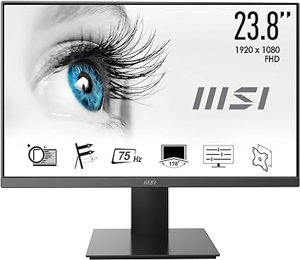 MSI PRO MP241X 23.8" Monitor, FHD (1920 x 1080), 75Hz, VA, 4ms, HDMI, VGA, Anti-Glare, Anti-Flicker, Less Blue light, TÜV Certified, VESA, Black