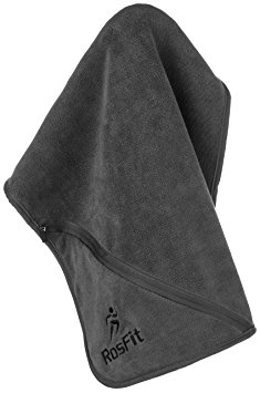 Gym Fitness Towel from RosFit - Great for Travel, Yoga, Outdoors, Running, Cycling, Working Out - Super Absorbent Microfiber - Includes Zipper Pocket and Built-In Hook. Easy to Pack Travel Towel!
